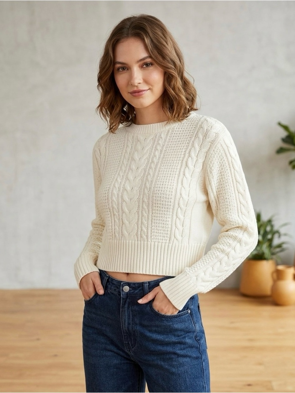 Divided Cream Cable-Knit Cropped Crewneck Sweater